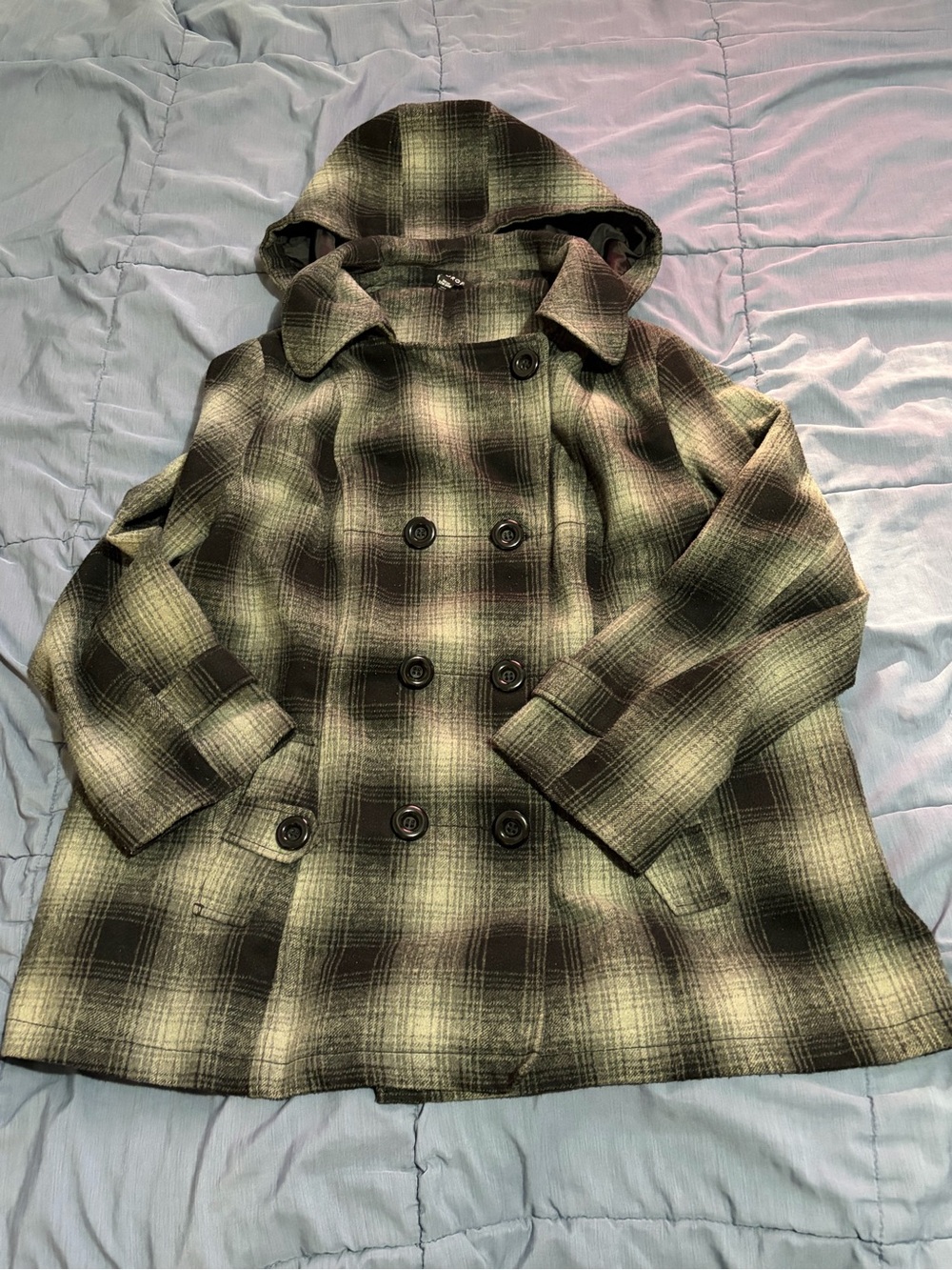 Gray & Black Plaid Hooded Double-Breasted Pea Coat by George